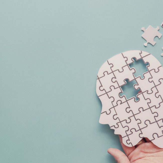 Hands holding brain with puzzle paper cutout, autism, Epilepsy a Hands holding brain with puzzle paper cutout, autism, memory loss, dementia and alzheimer awareness, world mental health day concept